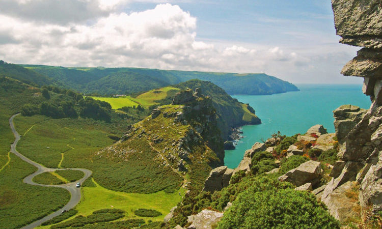 The valley of the Rocks, near Lynton, North Devon, England. The view looks west towards Woody Bay.