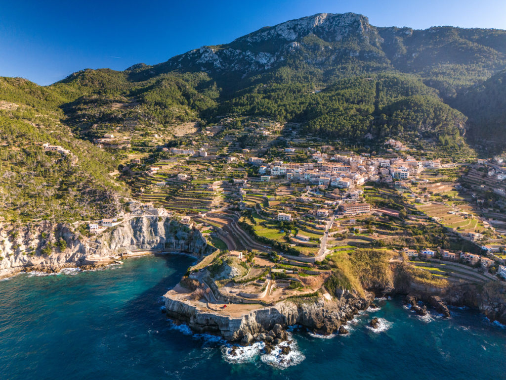 Aerial view of Banyalbufar in Mallorca on a sunny day