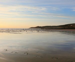 empty beach with a few surfers and dog walkers in the evening, uk